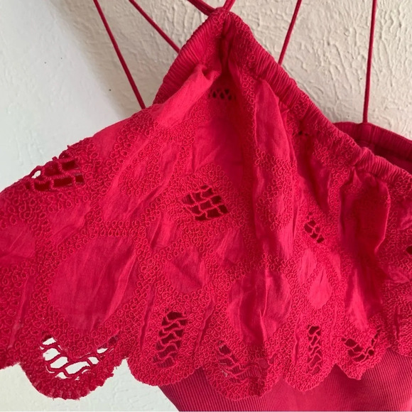 Anthropologie Ruffled Embroidered Halter Tank Pink Sz Medium - Picture 3 of 6